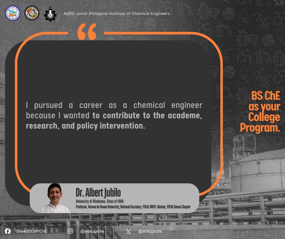 addujpiche's tweet photo. ChEstimonial Series | Part 2

Dr. Albert B.  Jubilo
Professor, Ateneo de Davao University
National Secretary, PIChE NBOT
Adviser, PIChE Davao Chapter

ENROLL NOW! 🔗https://t.co/Zuts3hWTYa
𝐶𝐻𝑂𝑂𝑆𝐸 𝐶ℎ𝐸🩶, 𝐶𝐻𝑂𝑂𝑆𝐸 𝐴𝑇𝐸𝑁𝐸𝑂💙

#JPIChEAdDU
#ChooseChE
#ChooseAteneo https://t.co/FqseMmf00w
