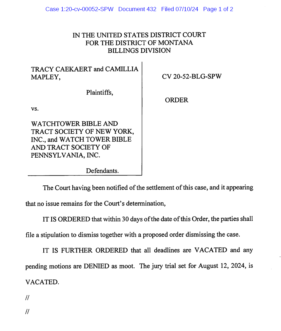 BREAKING: 

After more than 5 years of investigation, litigation, depositions, and multiple fines and sanctions against the Jehovah's Witnesses, two Federal Court child abuse cases have reached a confidential settlement. 

Multiple victims of abuse alleged that they suffered at