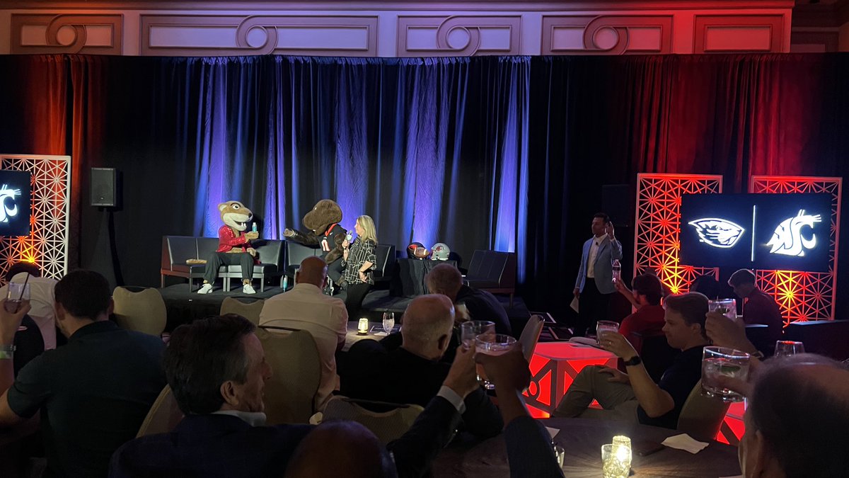RedditCFB's tweet photo. Pac-12 Commissioner Teresa Gould opens After Hours with the Beavs and Cougs with a toast. “If anyone has earned the right to drink, it’s the Pac-12” https://t.co/2AgMriMXwJ