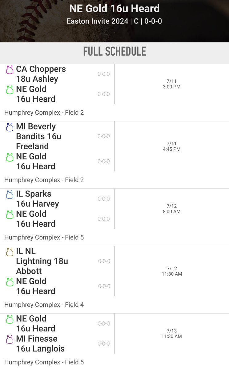 Here is our <a href="/ERIStourney/">Easton Invite</a> schedule, ready to hit the dirt again! #EastonInvite #rollgold <a href="/NebraskaGold/">Nebraska Gold</a> 🖤💛