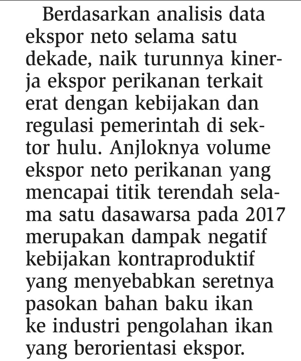 Artikel sy yg ditayangkan Bisnis Indonesia, 11 Juli 2024.  #ParadoksHilirisasidanDeindustrialisasiPerikanan
Selama satu dasawarsa (2014-2023) #VolumeEksporNetoPerikanan titik terendah 2017
#OraKecelik
<a href="/susipudjiastuti/">Susi Pudjiastuti</a> 
#VolumeEksporPerikananTenggelam

<a href="/ariel_heryanto/">Ariel Heryanto</a>
<a href="/BreRedana/">Bre Redana</a>