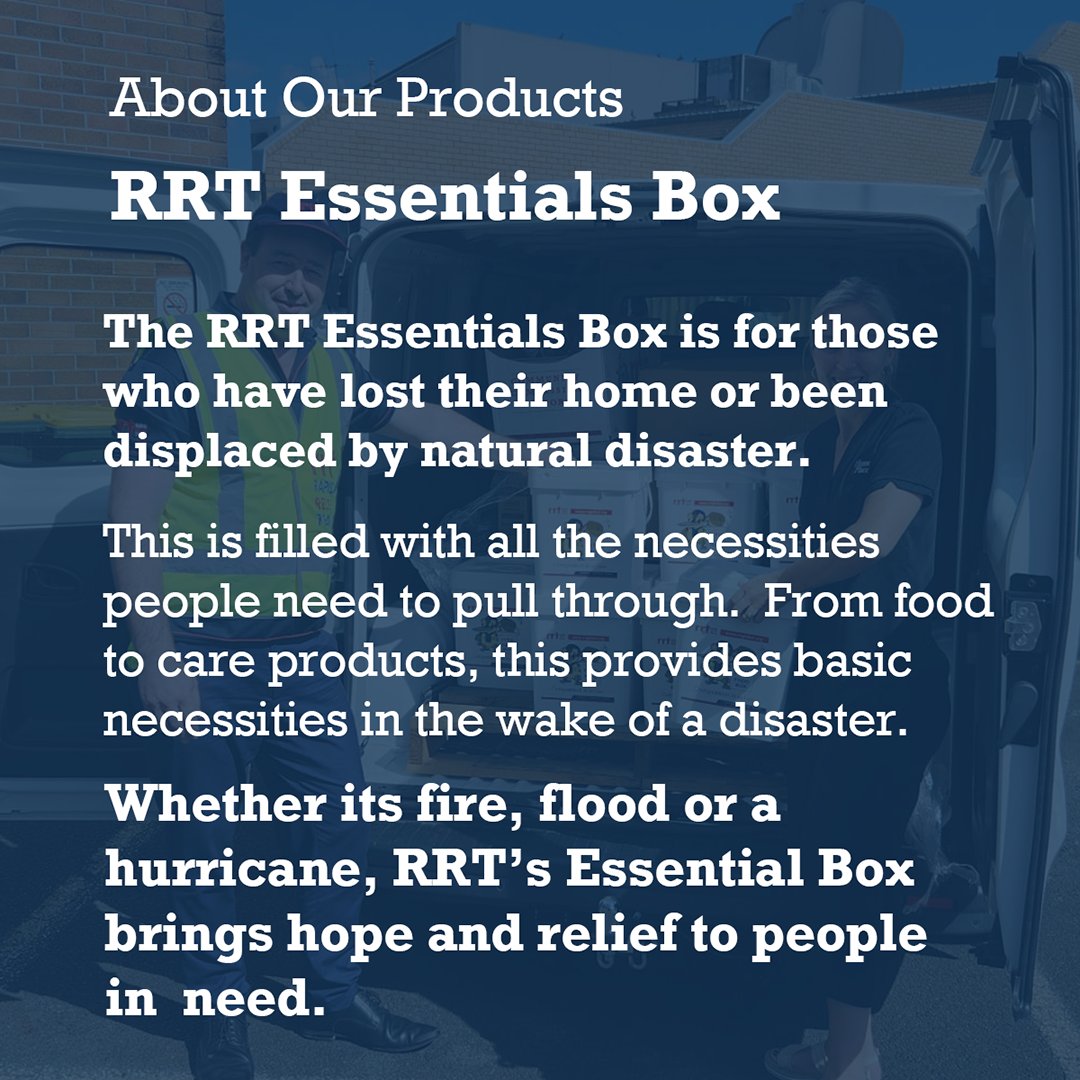 RRT found the need to create a product that can provide relief in all environments, let it be fire, flood, or a hurricane. The RRT Essentials Box has all the necessities people need to pull through. #rrtcares