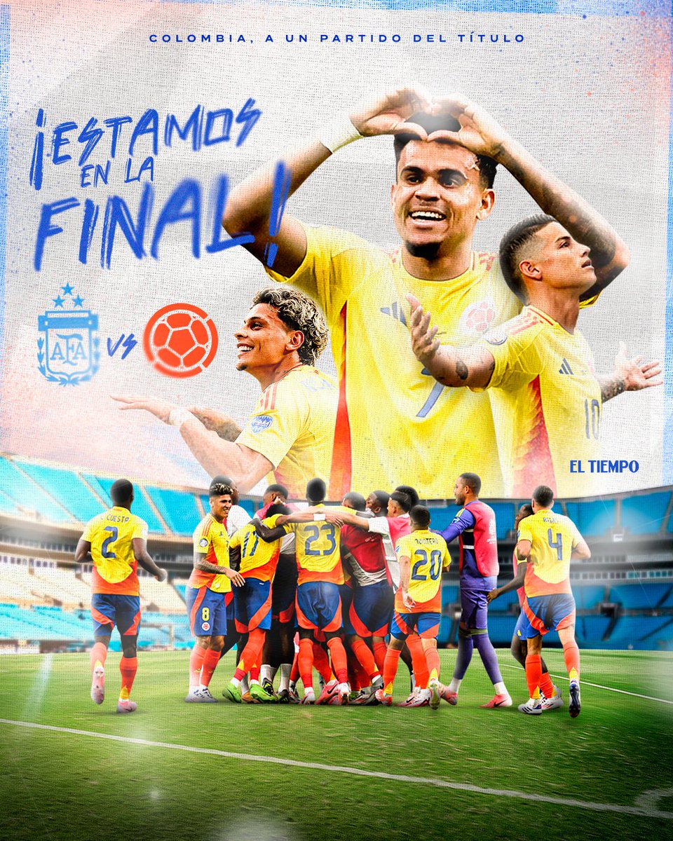 ELTIEMPO's tweet photo. 🔥🇨🇴 ¡ESTAMOS EN LA FINAL! 🎉🇨🇴 ¡Colombia jugará la final de la #CopaAméricaET contra Argentina!

🔥 La Selección Colombia venció 1-0 a la Selección de Uruguay en un partido de infarto. 

🏆 ¡VAMOS POR LA SEGUNDA! 🙏 https://t.co/G9mYNuZ2xP