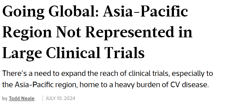 “I think internationally we have a collective responsibility to help this part of the world.” 

Prof Craig Anderson talks to <a href="/ToddNeale/">Todd Neale</a> from <a href="/TCTMD/">TCTMD</a> about the under-representation of Asia-Pacific in cardiovascular clinical trials.
bit.ly/4cSiMlK