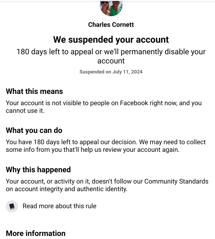 CharlesACornett's tweet photo. Just got suspended by @facebook presumably for posting the direct link to the Republican Party's platform for the 2024 convention. No explanation, one appeal consisting of confirming ID and zero opportunity to know what I was suspended for. #wtfFacebook https://t.co/iiqL7ejNWJ