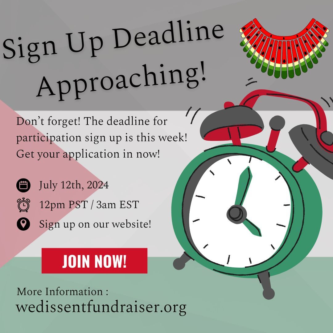 WeDissentStream's tweet photo. The deadline approaches! Message us via the contact form on https://t.co/5fdvSUtYZV to let us know you'd like to participate in this years fundraiser weekend! 
#wedissent #wedissent2024 #PCRF #Palestine #fundraiser #charity #twitch https://t.co/rv73RRw5oy