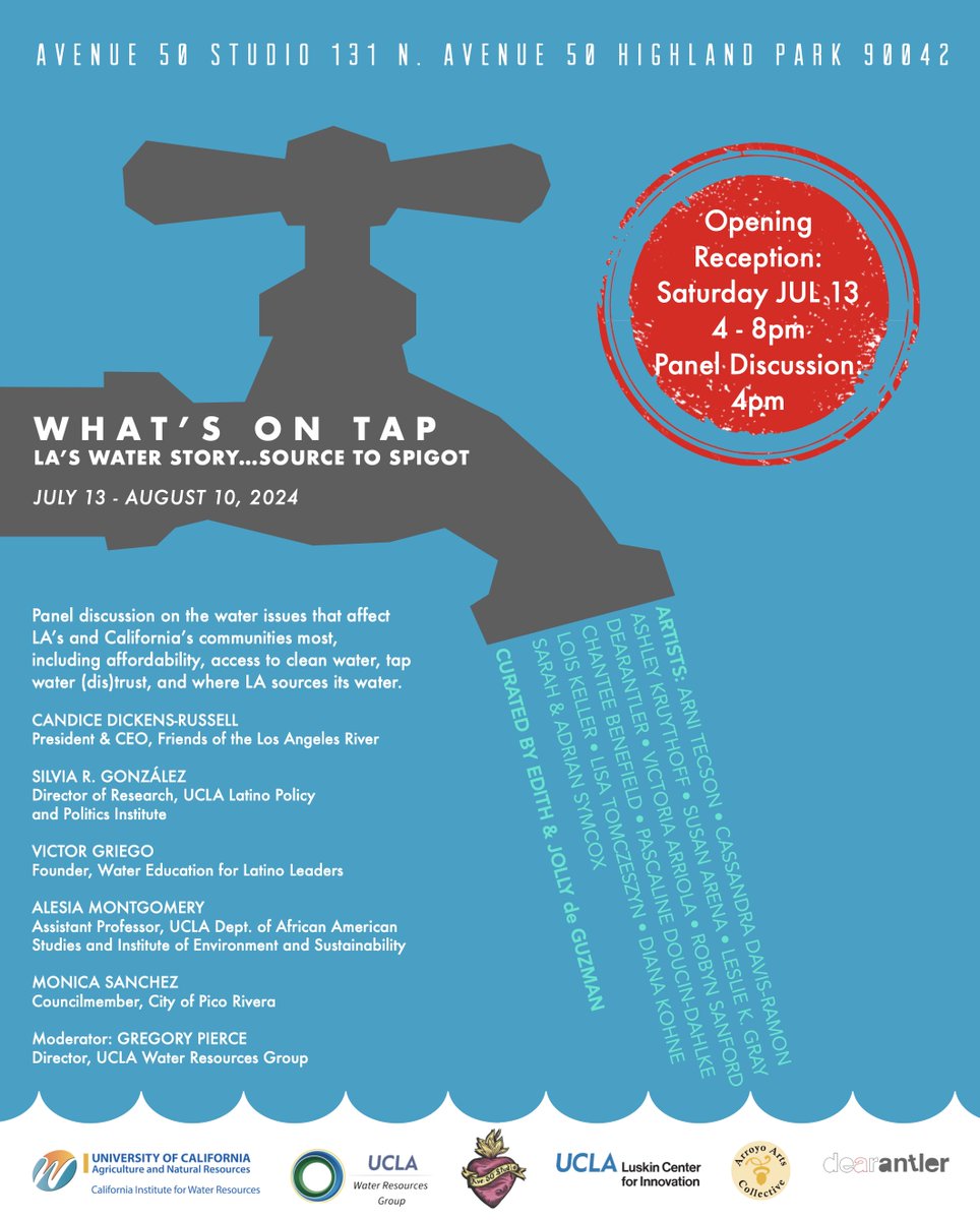 Join us Saturday at 4pm in Highland Park for an art show (curated by Jolly &amp; <a href="/edithbdeguzman/">Edith de Guzman</a>) and a panel discussion on water issues in LA &amp; CA with @silvia_gee, <a href="/Alesia_Ethnog/">@alesia_ethnog@sciences.social (Alesia Montgomery)</a>, @folartweets, &amp; @latinosforwater and moderated by <a href="/gregspierce/">Greg Pierce</a>.