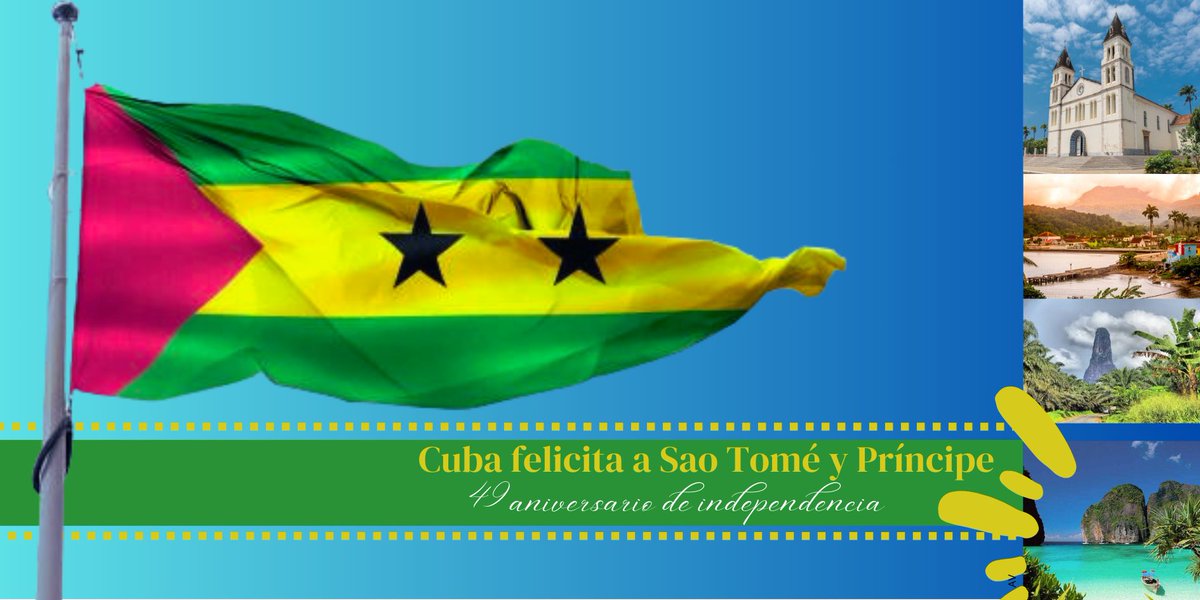 Felicitaciones de #Cuba a la hermana República de #SaoTomé en su fiesta nacional. Cuba y Sao Tomé mantienen estrechos vínculos políticos y de cooperación, además de intercambiar en el combate al cambio climático por ser pequeños Estados insulares. <a href="/CubaMINREX/">Cancillería de Cuba</a> <a href="/EmbaCubaGabon/">Ambassade de Cuba en Gabon et Sao Tomé et Principe</a>