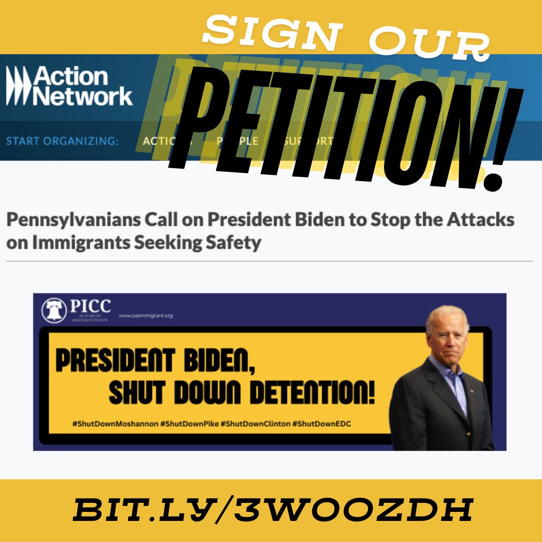 PAimmigrant's tweet photo. ✊🏽 Sign the petition to oppose these measures and demand the shutdown of Moshannon, Pike, Clinton, and Elizabeth detention centers. Link in bio
#ShutDownMoshannon #ShutDownPike #ShutDownClinton #ShutDownEDC #ImmigrantRightsAreHumanRights #ImmigrantsGrowCommunities https://t.co/o4rS4hZwml