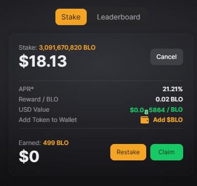 I'm now staking $BLO after I reached 3B BLO tokens.

Still a long way off the top 100 but I decided to start staking now to earn them rewards &amp; stake more BLO.

My fishing heroes have been working overtime to fish for frost bloaters on <a href="/DeFiKingdoms/">DeFi Kingdoms 🔺🌿</a> 🎣🐟 to fry for <a href="/bloatercoin/">JB</a>