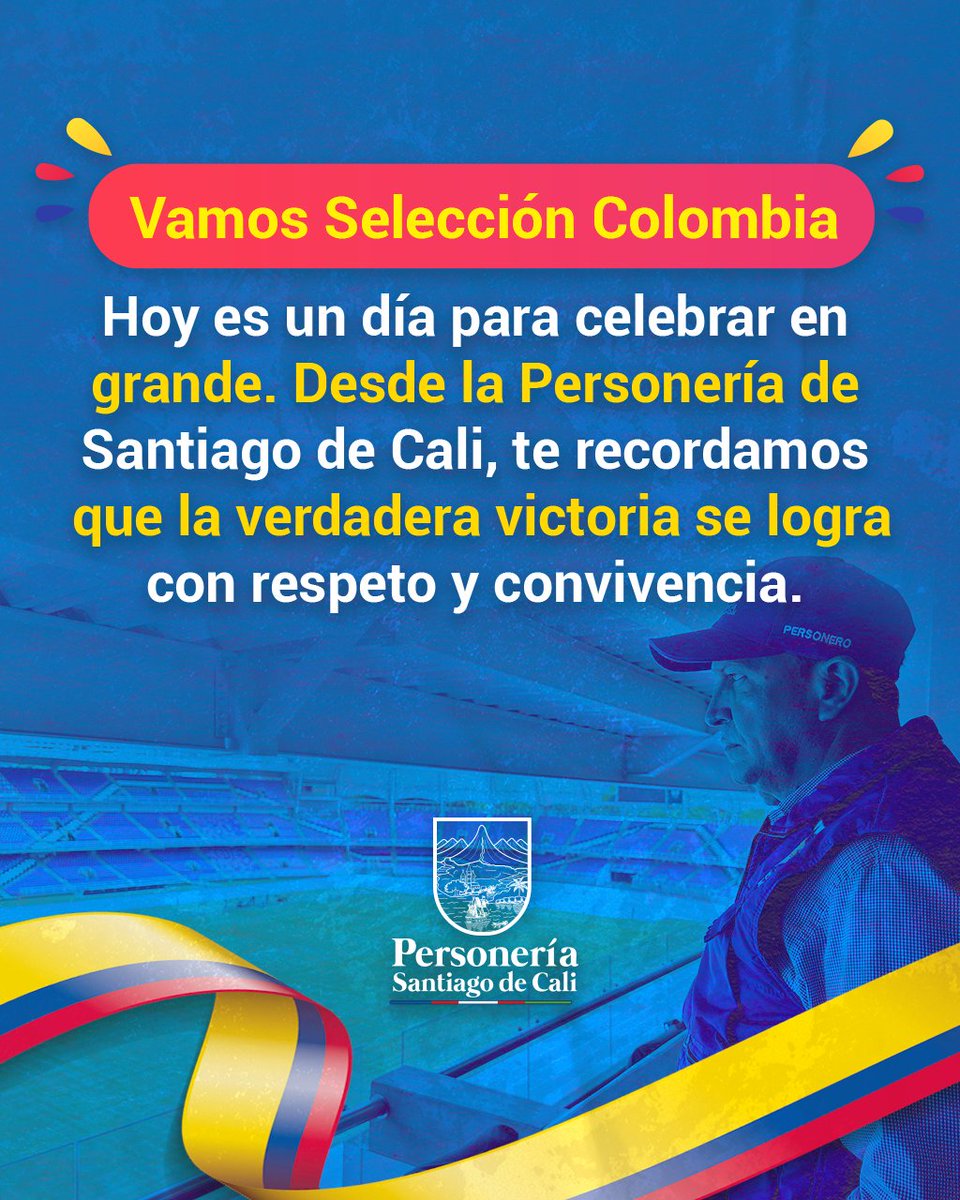 personeriacali's tweet photo. ¡Hoy todos somos @FCFSeleccionCol! 🇨🇴

Desde la Personería de Santiago de Cali, te recordamos que la verdadera victoria se logra con respeto y convivencia.
Apoyemos a nuestro equipo con alegría, pasión, orgullo; siempre con responsabilidad y tolerancia. La fiesta del fútbol se vive mejor cuando todos disfrutamos en paz y armonía. ⚽️
