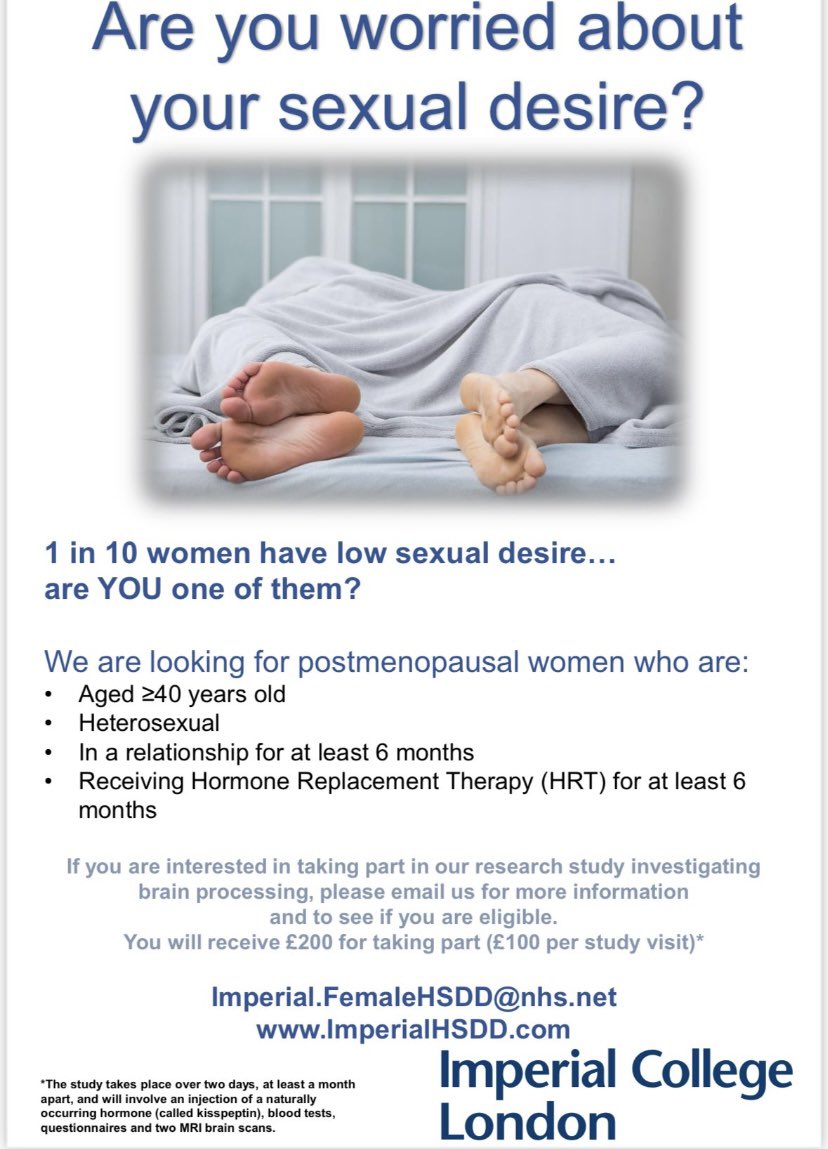 jtsoutsouki's tweet photo. We are still recruiting ! Our study investigates the role of kisspeptin, a naturally occuring hormone, on sexual desire in postmenopausal women. We can be contacted on imperial.femalehsdd@nhs.net https://t.co/vELB6HDisz