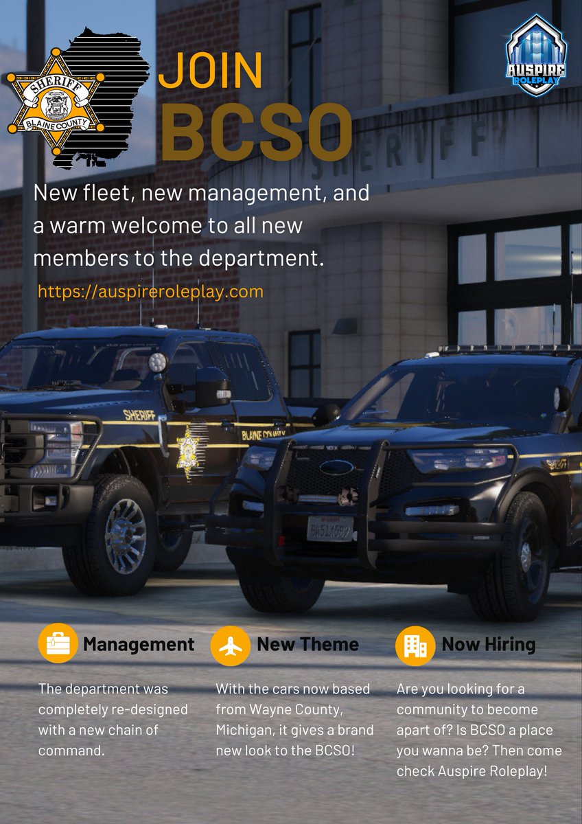 auspireroleplay's tweet photo. Check out our newest change to Blaine County 😍 You in need of a community and love BCSO? Then make your way to https://t.co/tVfcVJhDYD or check out our bio!
#fivem #fivemroleplay #policerp #gta6 #gtavi #gtarp #auspireroleplay #gtapc #moddedgta #fivemcommunity https://t.co/t4foWWFEp9