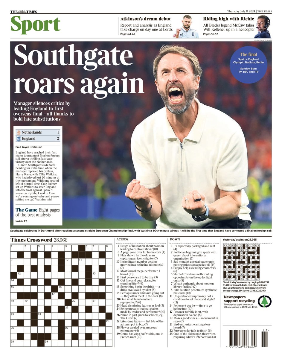 Times Sport: Southgate roars again #TomorrowsPapersToday