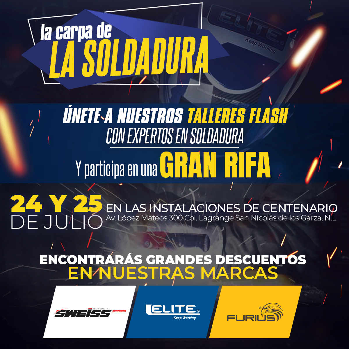 ferrecentenario's tweet photo. 💥👀 Únete a nuestros Talleres de #Soldadura en las instalaciones de #FerreteraCentenario y participa en una GRAN RIFA, este 24 y 25 de julio. Habrá promociones y #descuentos con #SWEISS, #ELITE y #FURIUS. ¡Te esperamos!
🛒Av. Adolfo López Mateos #300, San Nicolás de los Garza, N.L
🌐 https://t.co/KLtm5hUvNy