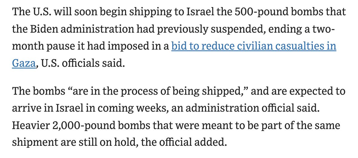 TamaraINassar's tweet photo. As @AOC and @IlhanMN twist themselves into knots to support Genocide Joe, his administration restarts the shipment of 500-pound bombs to the Zionist regime, bombs once paused "to reduce civilian casualties in Gaza." https://t.co/esOHnZwQYP