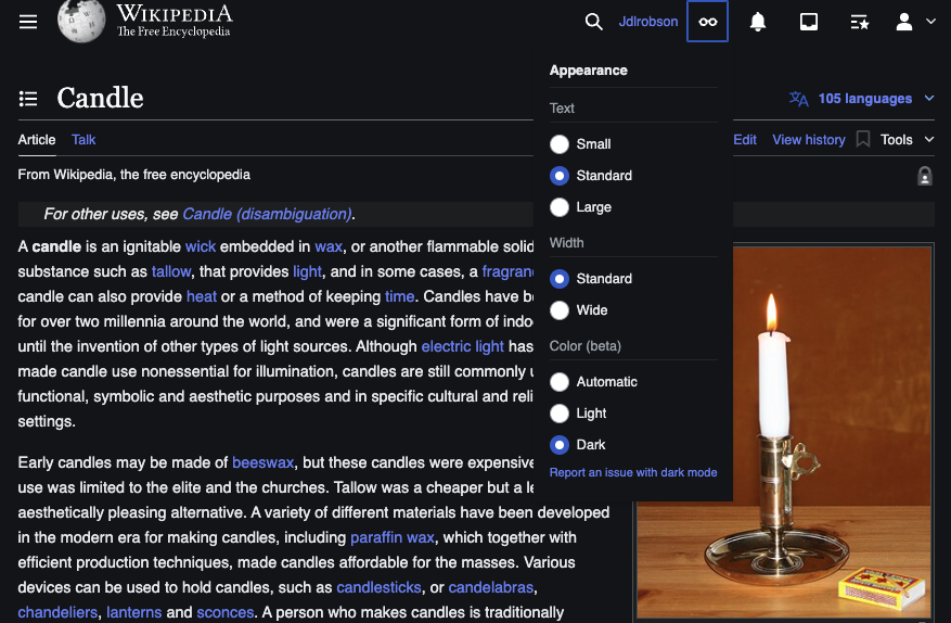Dark mode is now available on Wikipedia desktop for users with accounts on select languages ahead of its release next week to those without.  Let's go!