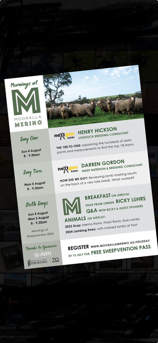 Only a couple more days to get you free sheepvention day pass.  Simply jump on our website and pre register for our one of our on farm field days before the 15th of July. @neXgenAgri <a href="/awn_rural/">AWN</a> <a href="/NZMerinoCo/">New Zealand Merino</a> <a href="/Sheep_Central/">Sheep Central</a>