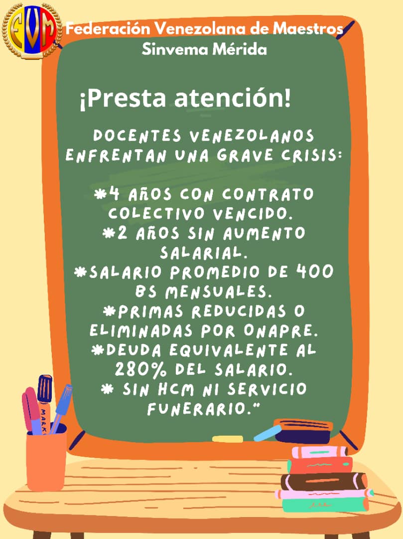 Con salarios de 400 Bs los Docentes de #Venezuela recibirán pago vacacional que no alcanzará ni para la alimentación. Docentes padecen  día a día y seguirán exigiendo sus derechos #DocentesPorLaDignidad  <a href="/fvmmerida/">SINVEMA- Mérida</a> #OIT <a href="/CorteIDH/">Corte Interamericana de Derechos Humanos</a> <a href="/KarimKhanQC/">Karim A. A. Khan KC</a> <a href="/ONU_es/">Naciones Unidas</a> #OEA #ONU <a href="/OITnoticias/">OIT</a>