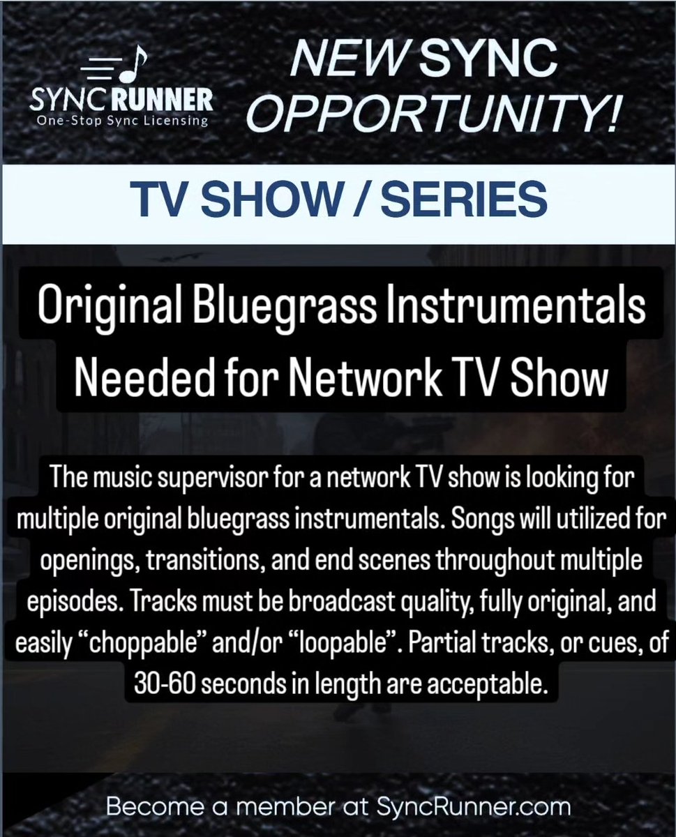SyncRunnerTeam's tweet image. Bluegrass Instrumentals Needed for Network TV Show! SyncRunner.com
.
#Music #syncrunner #synclicensing #synclicense #bluegrass #musiclicensing #musician #songwriter