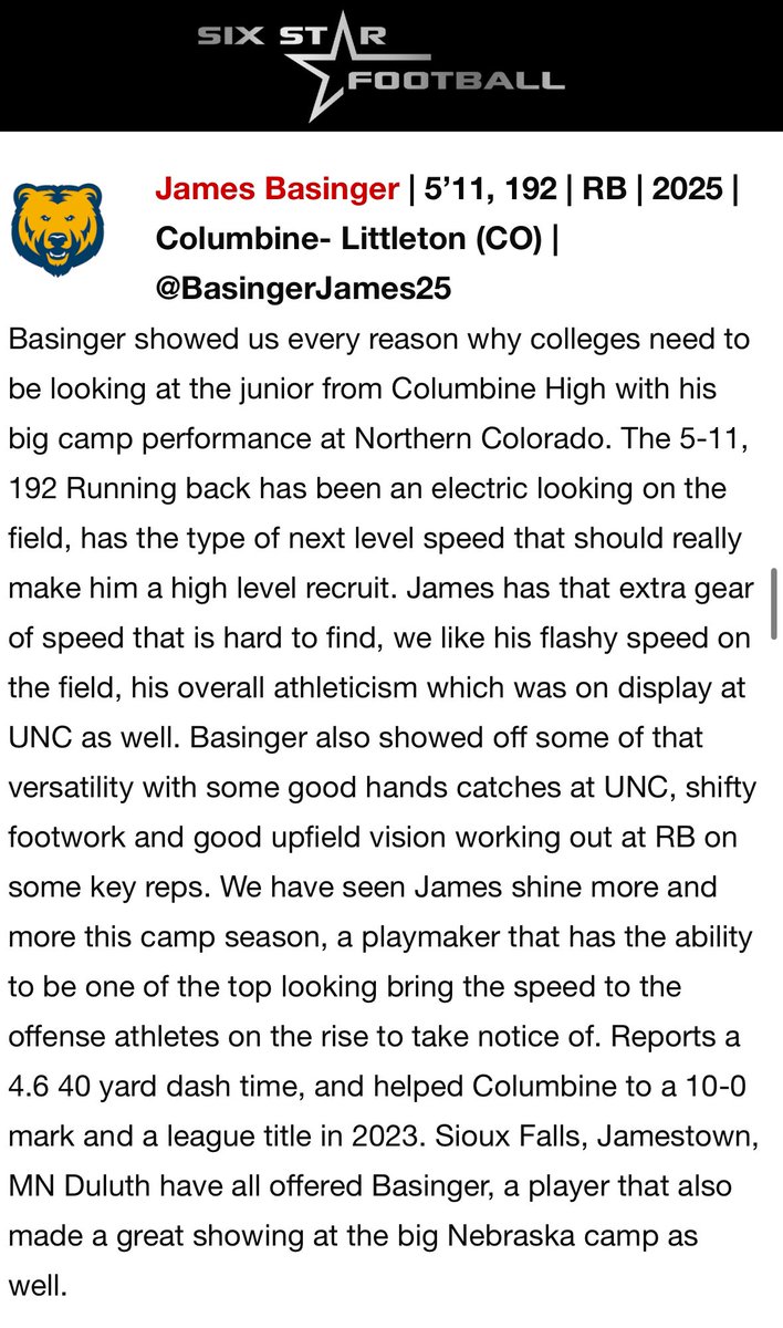 James Basinger ⭐️⭐️⭐️ (@basingerjames25) on Twitter photo Thank you <a href="/sixstarfootball/">Six Star Football | PLUS+</a> for the write up! I’m excited to start Senior season!
<a href="/ducks7v7/">Ducks7v7</a> <a href="/AndyLowry11/">Andy Lowry</a> <a href="/Columbineftbl/">Columbine Football</a> <a href="/RodCoaching/">Roderick Rogers</a> <a href="/CoachEJbarthel/">EJ Barthel</a> <a href="/CoachSwanson_/">Terry Swanson</a> <a href="/CoachRRouse/">Robbie Rouse</a> <a href="/Coach_RSpringer/">Ryan Springer</a> Thank you <a href="/sixstarfootball/">Six Star Football | PLUS+</a> for the write up! I’m excited to start Senior season!
<a href="/ducks7v7/">Ducks7v7</a> <a href="/AndyLowry11/">Andy Lowry</a> <a href="/Columbineftbl/">Columbine Football</a> <a href="/RodCoaching/">Roderick Rogers</a> <a href="/CoachEJbarthel/">EJ Barthel</a> <a href="/CoachSwanson_/">Terry Swanson</a> <a href="/CoachRRouse/">Robbie Rouse</a> <a href="/Coach_RSpringer/">Ryan Springer</a>