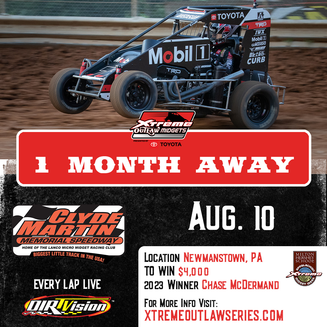 ☝️ Month before our return to the Clyde!

<a href="/LancoCMMS/">Clyde Martin Memorial Speedway</a> hosts the #XtremeOutlaw Midget Series in the finale of @MiltonHershey School Appalachian Midget Week on Saturday, Aug. 10.

ℹ️ Event Info: bit.ly/XtremeClyde24