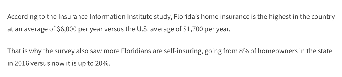 anothercohen's tweet photo. This seems bad.

20% of Florida homeowners are rawdogging homeownership by going without insurance as insurance companies keep leaving the state or raising rates like crazy. 

Will be interesting to see how many people sell or foreclose after the next big hurricane hits and these folks are stuck with tens of thousands in out of pocket repairs