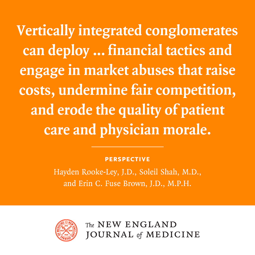 A policy shift toward capitation-based financing is spawning a wave of vertical consolidation, thereby putting a handful of insurance companies increasingly in control of the care-delivery system. Perspective by <a href="/Hayrook/">Hayden Rooke-Ley</a>, <a href="/SoleilShahMD/">Soleil Shah, MD MSc</a> &amp; <a href="/efusebrown/">Erin Fuse Brown</a>: nej.md/3VQjn0h