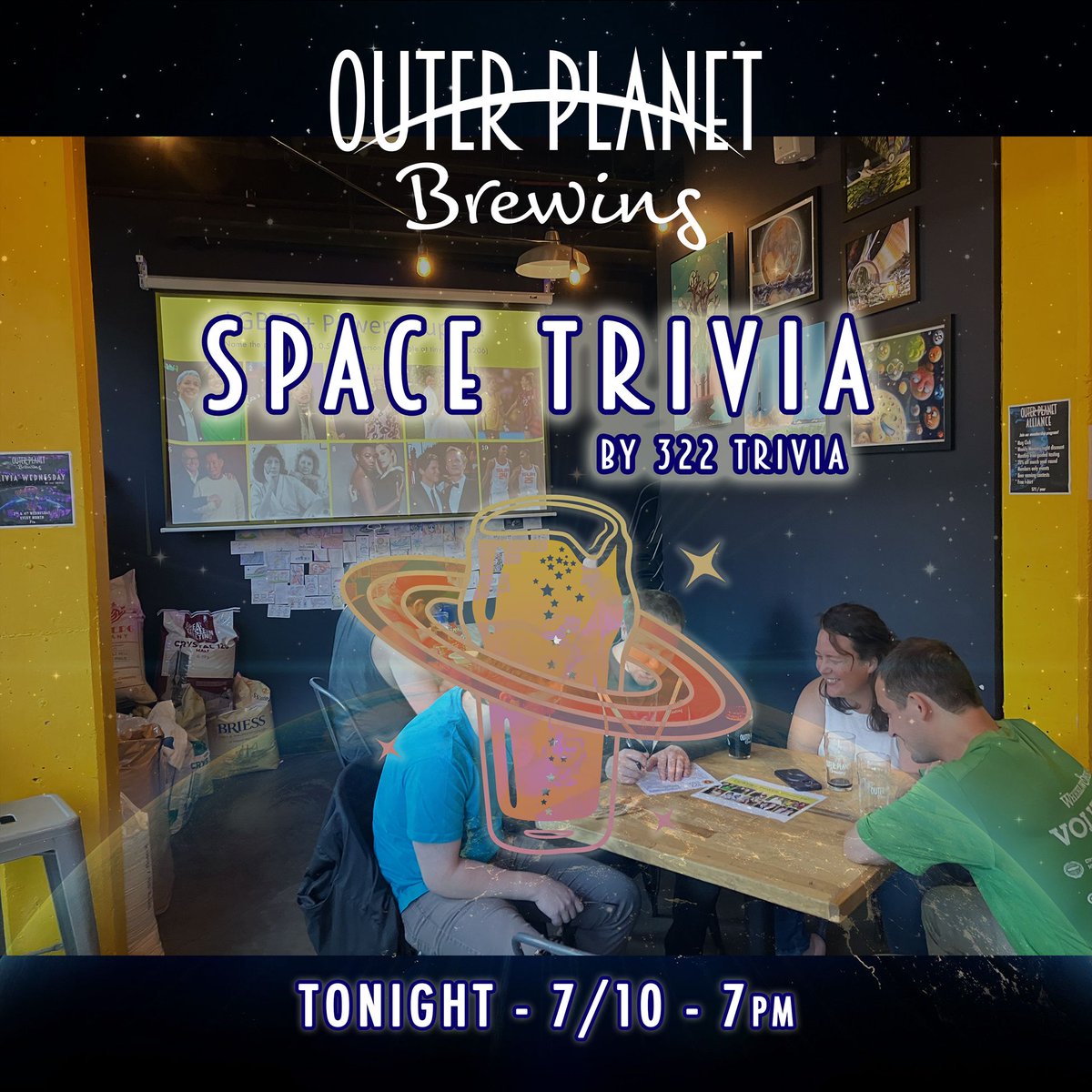 Tonight! Our free monthly Space Trivia is back, with themed rounds about Space News, Bastille Day, Olympics, and more! Game starts at 7pm, prizes for 1st, 2nd and last place 🏆 🏅 🍺