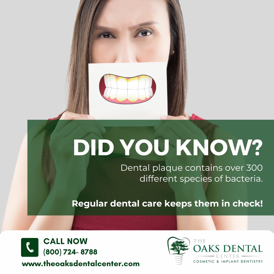 TheOaksDntalCtr's tweet image. Did you know? Dental plaque hosts over 300 bacteria species. Regular dental care at The Oaks Dental Center keeps them under control for a healthier smile! 😁🦷 

#TheOaksDentalCenter #DentalHealthFacts #PlaqueControl #HealthySmile
