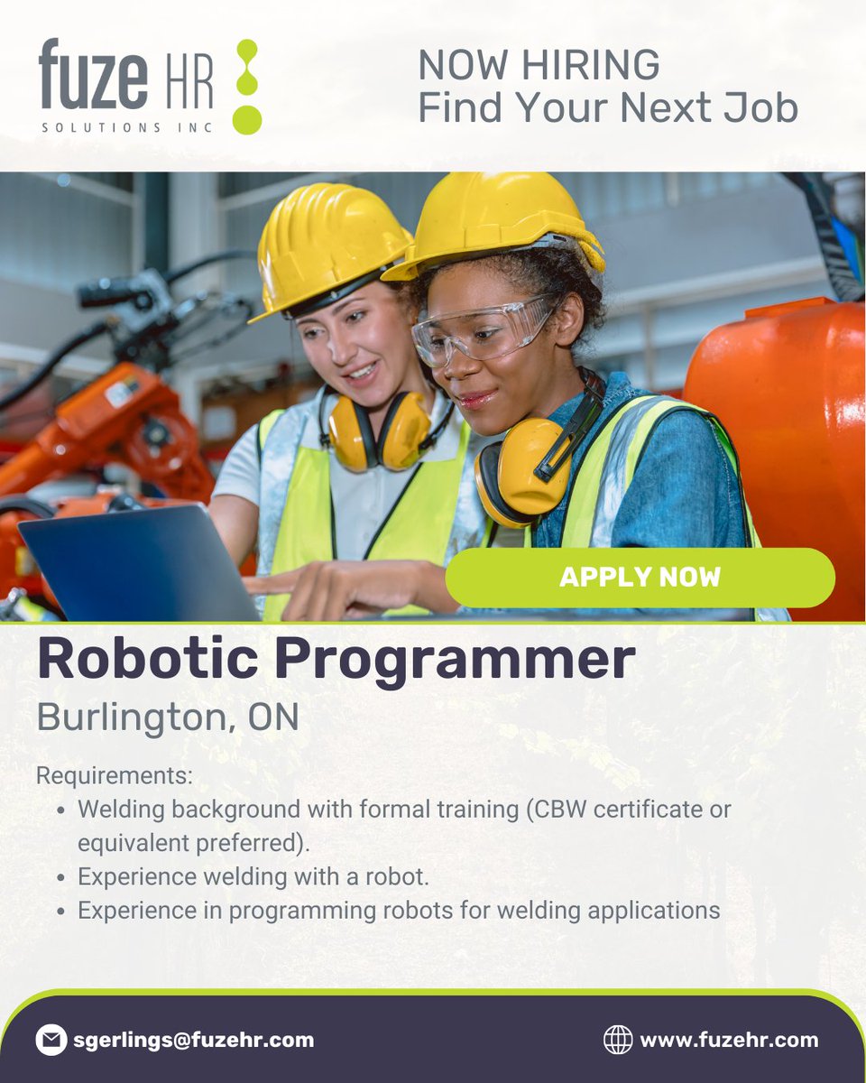 FuzeHR's tweet image. We are currently seeking a Robotic Programmer in Burlington, ON.
Interested? Find out more here: ow.ly/X9GN50Sxqps
#RoboticsProgrammer #Programmer #Robotics #Welder #WeldingJobs #JobOpportunity #ApplyNow #Jobs #Career #Recruitment #Staffing #Agency