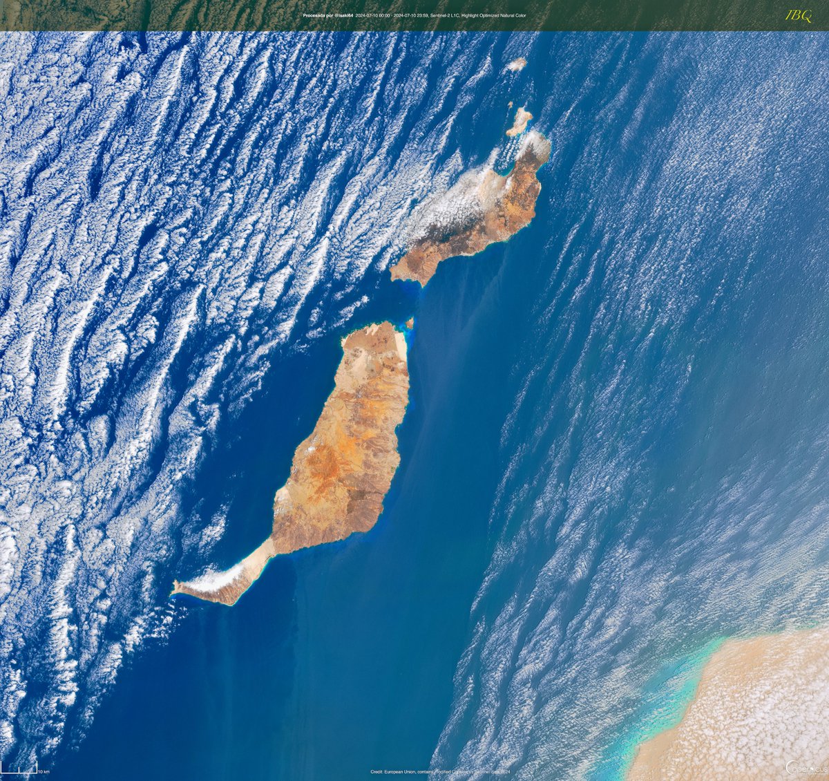 Buenas noches <a href="/tenerife_meteo/">Meteo_Tenerife</a> 

Hoy toca #Fuerteventura #Lanzarote #LaGraciosa y las islas e islotes del Archipiélago Chinijo

Ya se aprecian síntomas de la advección cálida.
El paraguas de Famara no está completo, falta el lado + cercano al continente africano...

🛰️ SENTINEL-2