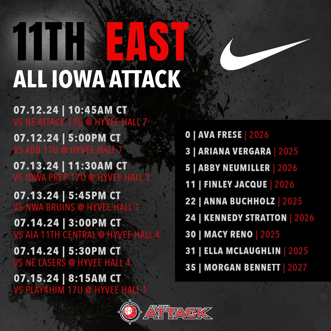AllIowaAttack's tweet photo. 𝓙𝓤𝓛𝓨 𝓛𝓘𝓥𝓔 𝓢𝓒𝓗𝓔𝓓𝓤𝓛𝓔 🏀
Starts Friday ...

Center Stage Live
🗓️ July 12 - 15
📍 Des Moines, IA

#AttackFamily #JulyLive https://t.co/sBRBdSuilv