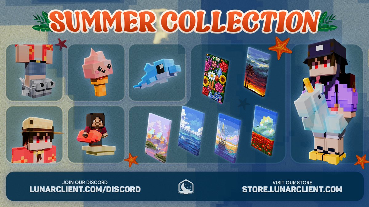 New Cloaks, Pets, Hats, Suits, and more! ☀️

Lunar's Summer 2024 Collection is now live for a limited time only at store.lunarclient.com 🌊

Like and Follow for a chance to win 5x Summer cosmetics of your choice! 🏖️