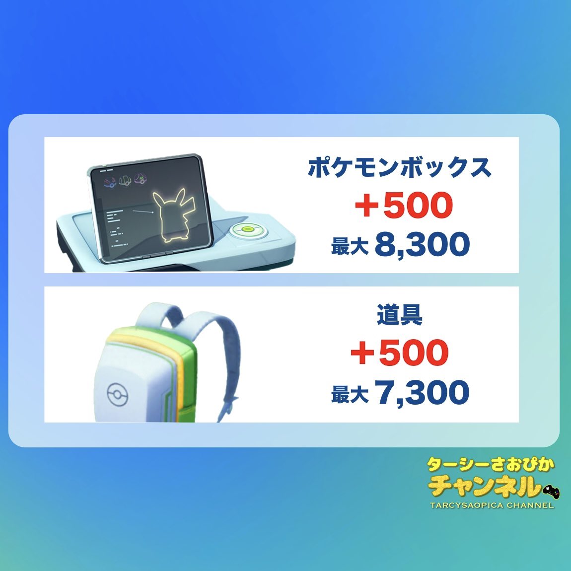 ボックス上限が開放🎉

ポケモンボックス：8,300（+500）
道具：7,300（+500）

#ポケモンGO