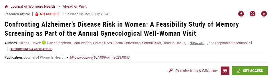 Jillian Joyce (@jillianljoyce) on Twitter photo ✨Our new paper in The Journal of Women's Health demonstrated the feasibility of cognitive screening at the annual gynecological well-woman visit <a href="/cosentinolab/">Cosentino Lab</a> <a href="/DrMaryRosser/">Mary Rosser</a> @SilChapman <a href="/LiebertPub/">Mary Ann Liebert Inc</a> #Alzheimers #WomensHealth
liebertpub.com/doi/full/10.10… ✨Our new paper in The Journal of Women's Health demonstrated the feasibility of cognitive screening at the annual gynecological well-woman visit <a href="/cosentinolab/">Cosentino Lab</a> <a href="/DrMaryRosser/">Mary Rosser</a> @SilChapman <a href="/LiebertPub/">Mary Ann Liebert Inc</a> #Alzheimers #WomensHealth
liebertpub.com/doi/full/10.10…