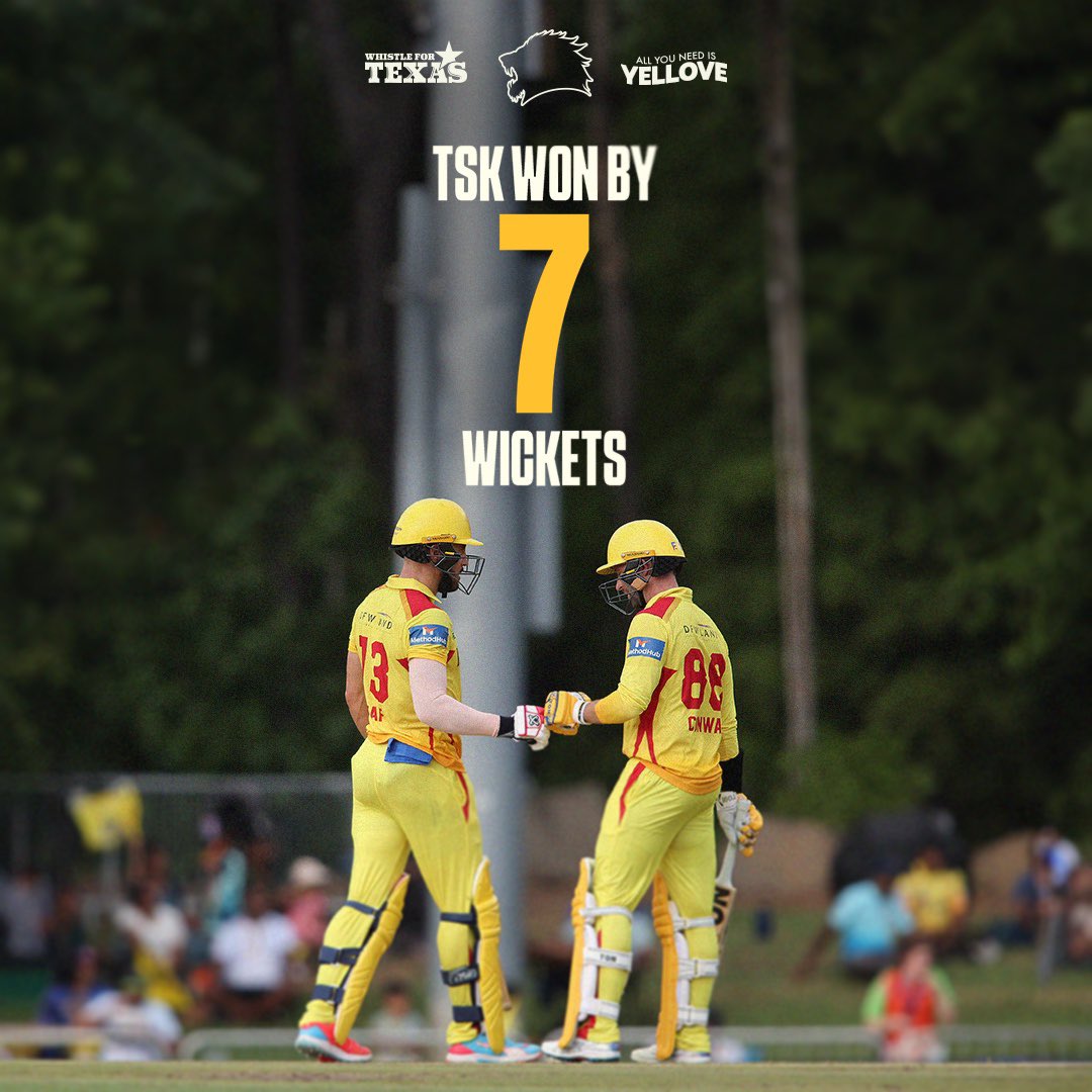 TexasSuperKings's tweet photo. Yellove triumphs! Super Kings clinch their first 𝙒 of the season! 💛🥳

#TSKvSFU
#WhistleForTexas
#AllYouNeedIsYellove
#CognizantMajorLeagueCricket
#MLC2024 https://t.co/o6znQn8mH5