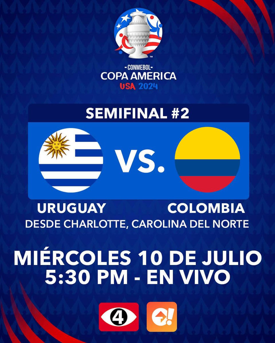 Canal4TCS's tweet photo. 💥¡COPA AMÉRICA POR EL 4! 🏆

Vive todas las emociones de las semifinales.✨

🇺🇾Uruguay 🆚Colombia 🇨🇴
🗓️Miércoles 10 de Julio
⏰5:30 P.M.

#CopaAméricaxEl4 | #tcsgo https://t.co/u1GA5b0ISf