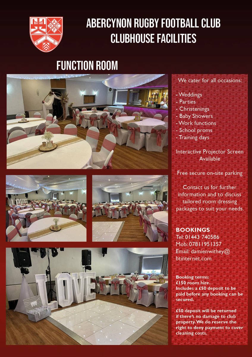AbercynonRFC's tweet photo. 🤔 Looking for a place to hire for your next special occasion? Our clubhouse has exactly what you're looking for ✨

🤩 Our bar, Vice Presidents' lounge, and function room can cater for all your specific needs 🥪🥂

See the posters below for more information 👇🏻

#Ymlaen https://t.co/WXN6gXW3Zh
