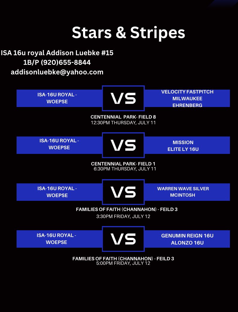 Addison Luebke (@addisonluebke) on Twitter photo This weekend my team and I are at The Stars and Stripes tournament. Below is my schedule hope to see you tomorrow! <a href="/tdraves/">Tony Draves</a> <a href="/coachjenna/">JennaMarieLouise</a> <a href="/ISA_Softball/">ISA Softball</a> <a href="/BriePasquale/">Brie Pasquale</a> <a href="/tgussert/">Tanner Gussert</a> This weekend my team and I are at The Stars and Stripes tournament. Below is my schedule hope to see you tomorrow! <a href="/tdraves/">Tony Draves</a> <a href="/coachjenna/">JennaMarieLouise</a> <a href="/ISA_Softball/">ISA Softball</a> <a href="/BriePasquale/">Brie Pasquale</a> <a href="/tgussert/">Tanner Gussert</a>