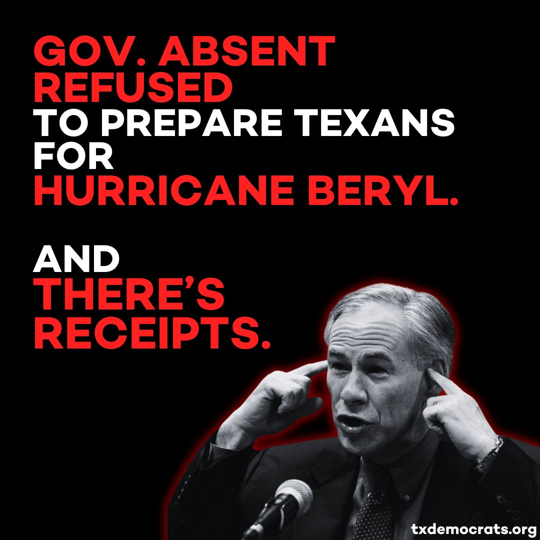 texasdemocrats's tweet photo. Today, the Houston Chronicle published #GovernorAbsent 's failure to secure emergency funding for Hurricane Beryl ahead of Asia.
https://t.co/AaYwyMmEGu https://t.co/8CmfXdo61E