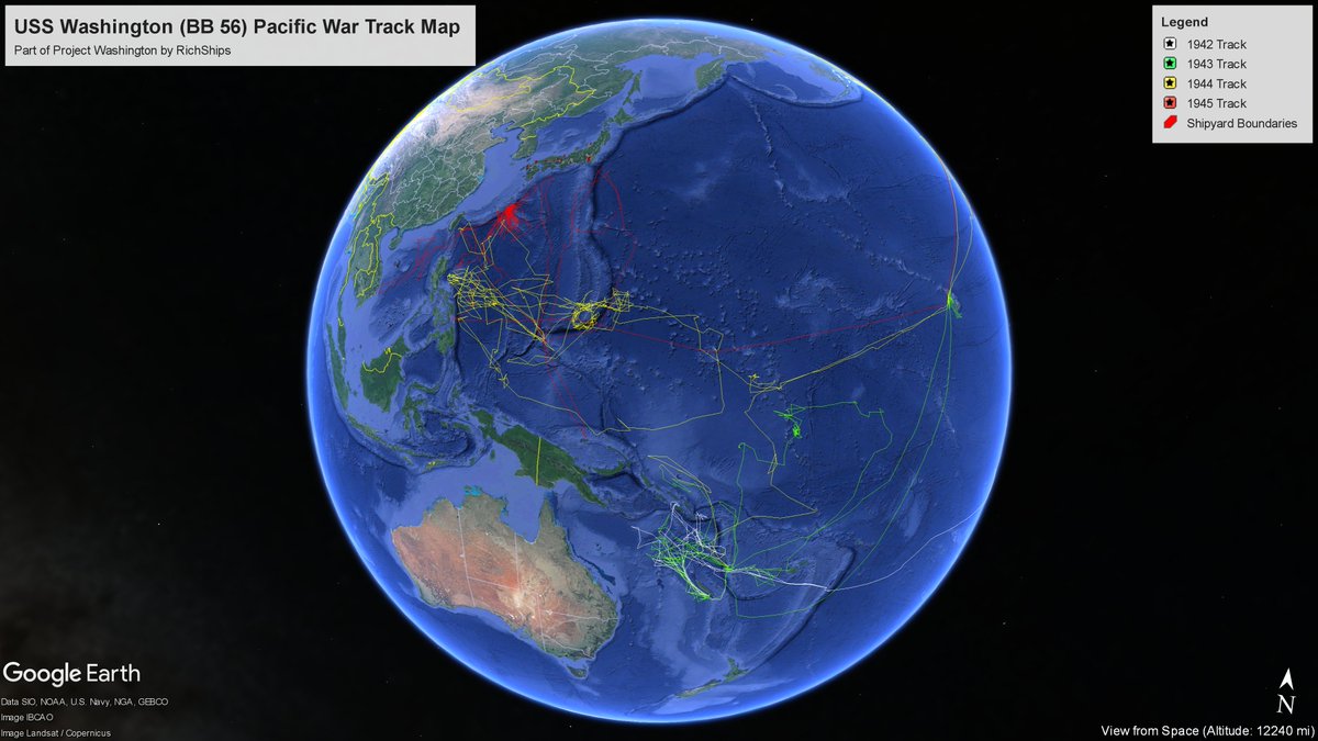 Rich_Ships's tweet photo. USS Washington (BB 56) Pacific War Track Map
Complete.
Messing around on the best way to display so much data.
#USSWashington #BB56
(Load in 4K) https://t.co/ToYOpx1kDF