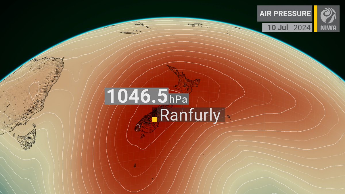 NiwaWeather's tweet photo. Provisionally, a new national mean sea level pressure record was set in Ranfurly, Central Otago, reaching 1046.5 hPa on the evening of 10 July 2024.

This high pressure system is among the strongest to pass over New Zealand on record according to our national climate database. https://t.co/p7OpFpaEwj