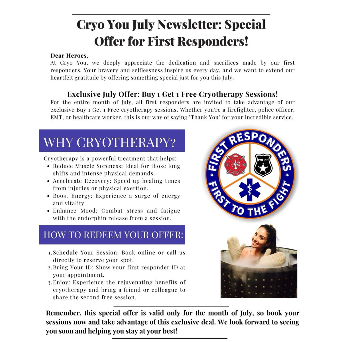 LBTSChamber's tweet photo. 🚨 Special July Offer for First Responders! 🚨

Buy 1 Get 1 Free Cryotherapy Sessions at Cryo You! ❄️ 

Thank you for your service. Book now and stay at your best! 

https://t.co/tdS12tX4YA

#CryoYou #FirstResponders #Cryotherapy #SpecialOffer #ThankYou https://t.co/hmoC1smeoU