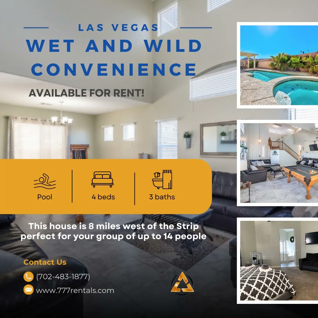 777rentals's tweet image. Our house is just 8 miles west of the Strip and near Wet and Wild, boasting a private pool and spa. Perfect for your squad of up to 14! Dive in and chill out! 🌴🏊‍♀️✨ #VegasVibes #PoolsideFun #SquadGoals

777rentals.com/rentals/wet-an…