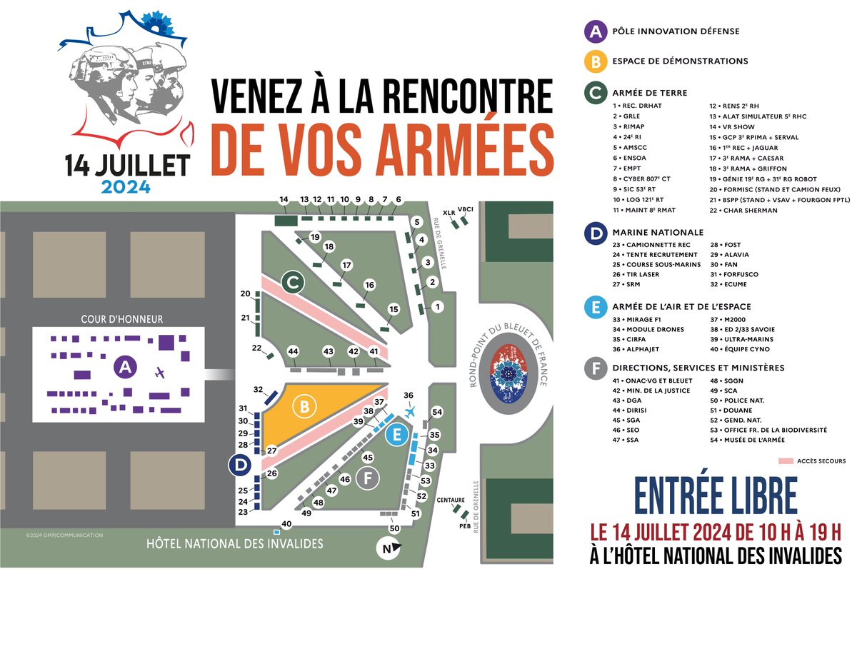 <a href="/ZDS_Paris/">État-major de zone de défense de Paris</a> <a href="/santearmees/">SantéArmées</a> <a href="/Armees_Gouv/">Ministère des Armées</a> <a href="/armeedeterre/">Armée de Terre</a> <a href="/MarineNationale/">Marine nationale</a> <a href="/Armee_de_lair/">Armée de l'Air et de l'Espace</a> <a href="/TF1/">TF1</a> <a href="/afpfr/">Agence France-Presse</a> <a href="/FranceTV/">France tv</a> <a href="/BFMTV/">BFMTV</a> <a href="/le_Parisien/">Le Parisien</a> <a href="/DGA/">Direction générale de l'armement 🇫🇷</a> Avec le plan, c'est encore mieux ! 😉