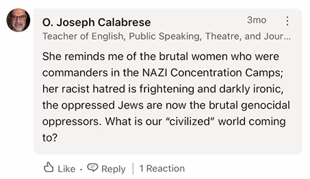 StopAntisemites's tweet photo. More antisemitic poison permeating out of our high schools.

Meet San Jose, CA based English & Drama teacher from @delmarhs - Joseph Calabrese

When not teaching about Shakespeare, Calabrese posted the following to LinkedIn:
- hopes to see Israelis hunted down like the Germans in WWII
- refers to Jews as "brutal genocidal oppressors"
- claims that Israelis made a pact with 'evil' to murder children, perpetuating blood libel

Concerned? Reach out to Del Mar High School Principal Diana Nguyen: https://t.co/43CuuJGzRm