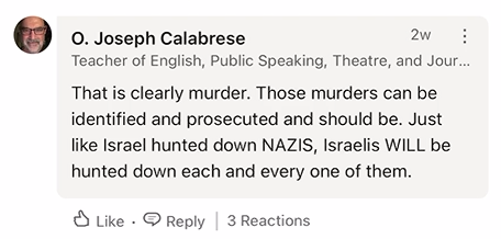 StopAntisemites's tweet photo. More antisemitic poison permeating out of our high schools.

Meet San Jose, CA based English & Drama teacher from @delmarhs - Joseph Calabrese

When not teaching about Shakespeare, Calabrese posted the following to LinkedIn:
- hopes to see Israelis hunted down like the Germans in WWII
- refers to Jews as "brutal genocidal oppressors"
- claims that Israelis made a pact with 'evil' to murder children, perpetuating blood libel

Concerned? Reach out to Del Mar High School Principal Diana Nguyen: https://t.co/43CuuJGzRm
