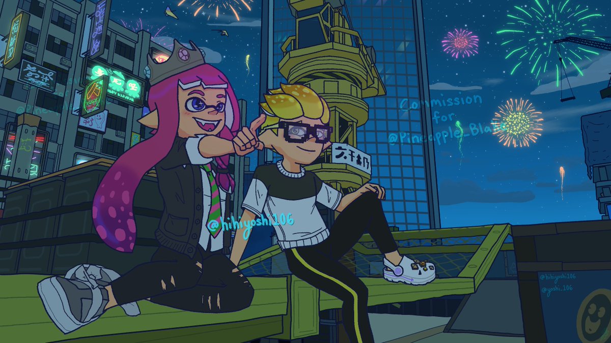 Firework Date Night at Crableg Capital! 🎆 #Splatoon3
Commission for <a href="/Pineapple_Blake/">Blake</a>! Thank you!! 🙏✨