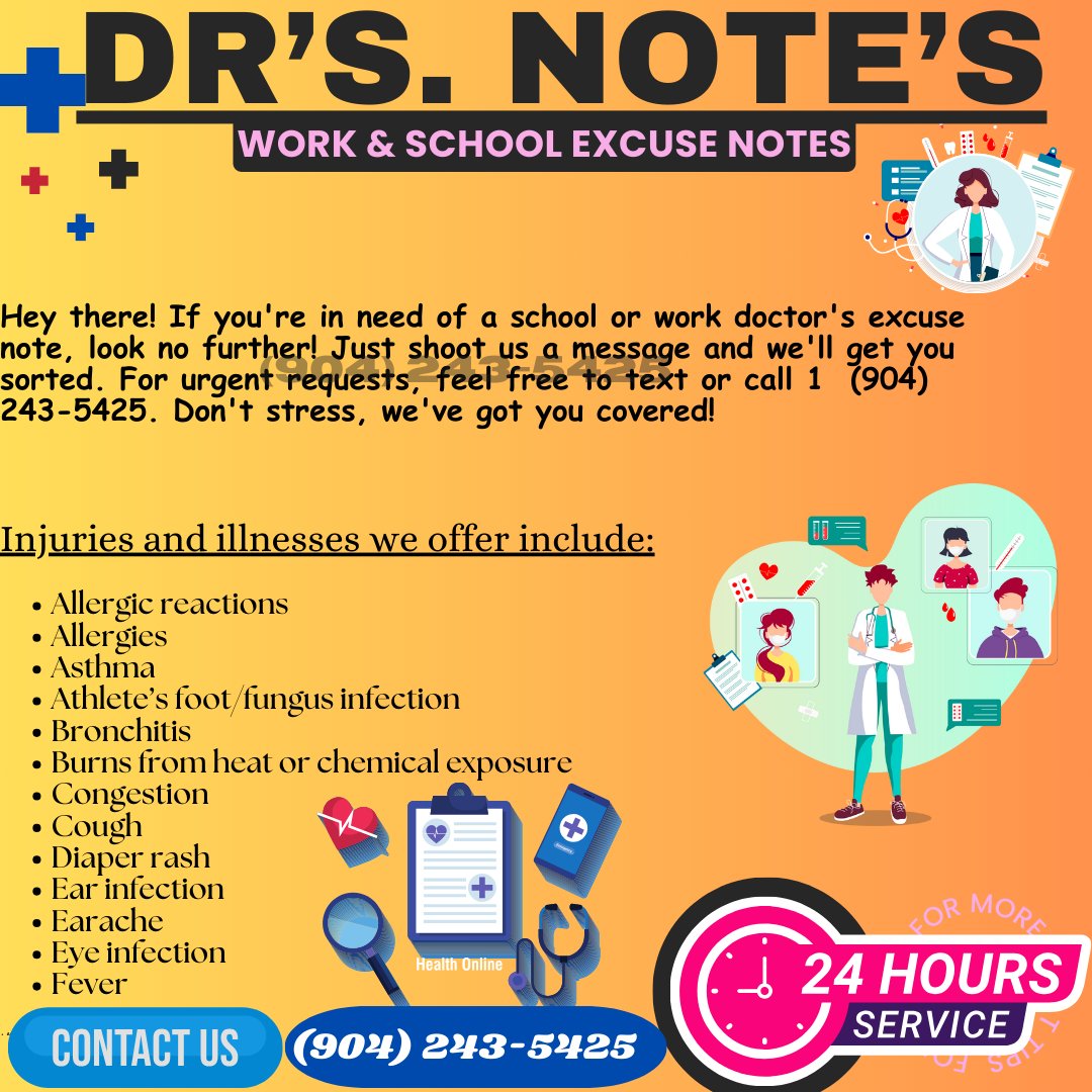 Running out of time and need a doctor's note fast? We've got your back! Contact us at (904) 243-5425 and we'll make sure you have the documentation you need in no time. Don't worry, we've got you covered. #medicalnotes #DoctorsNotes #Doctorsexcuse #doctorsexcuse #doctorsexcuse